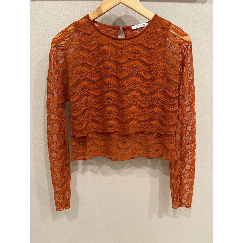 Zara Women's Long Sleeve Lace Top Medium Tiered Pullover Boho Hippie Sheer